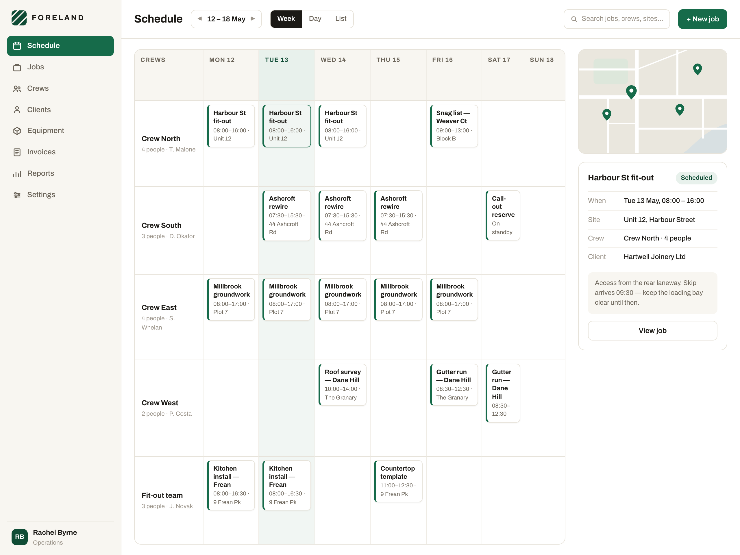 Example weekly schedule screen of the kind Foreland builds